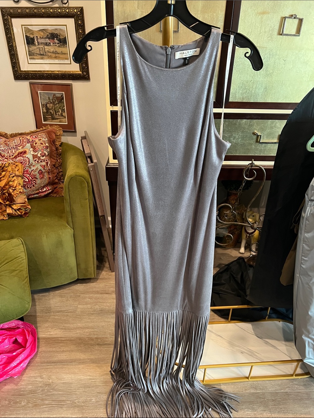 Halston Heritage Metallic Silver Fringe Maxi Dress